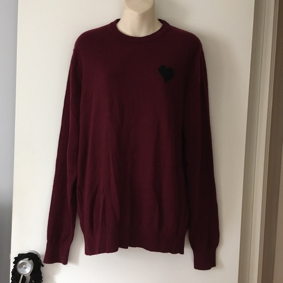 SAKS FIFTH AVENUE Burgundy Merino Wool Black Intarsia Heart Crew Sweater XL - Picture 1 of 4